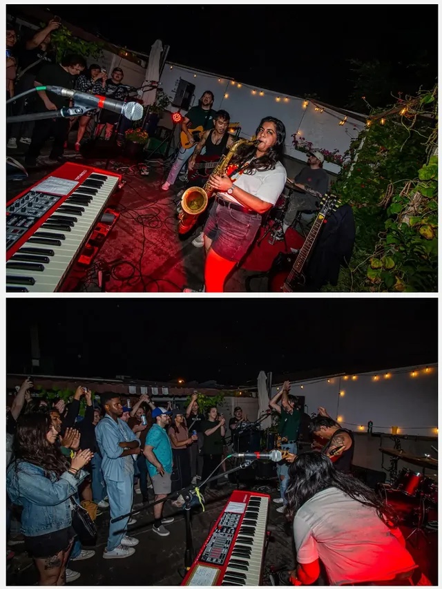 Two shots of the band Survival Club playing at night on an outdoor rooftop with a big crowd in front Two shots of the band Survival Club playing at night on an outdoor rooftop with a big crowd in front