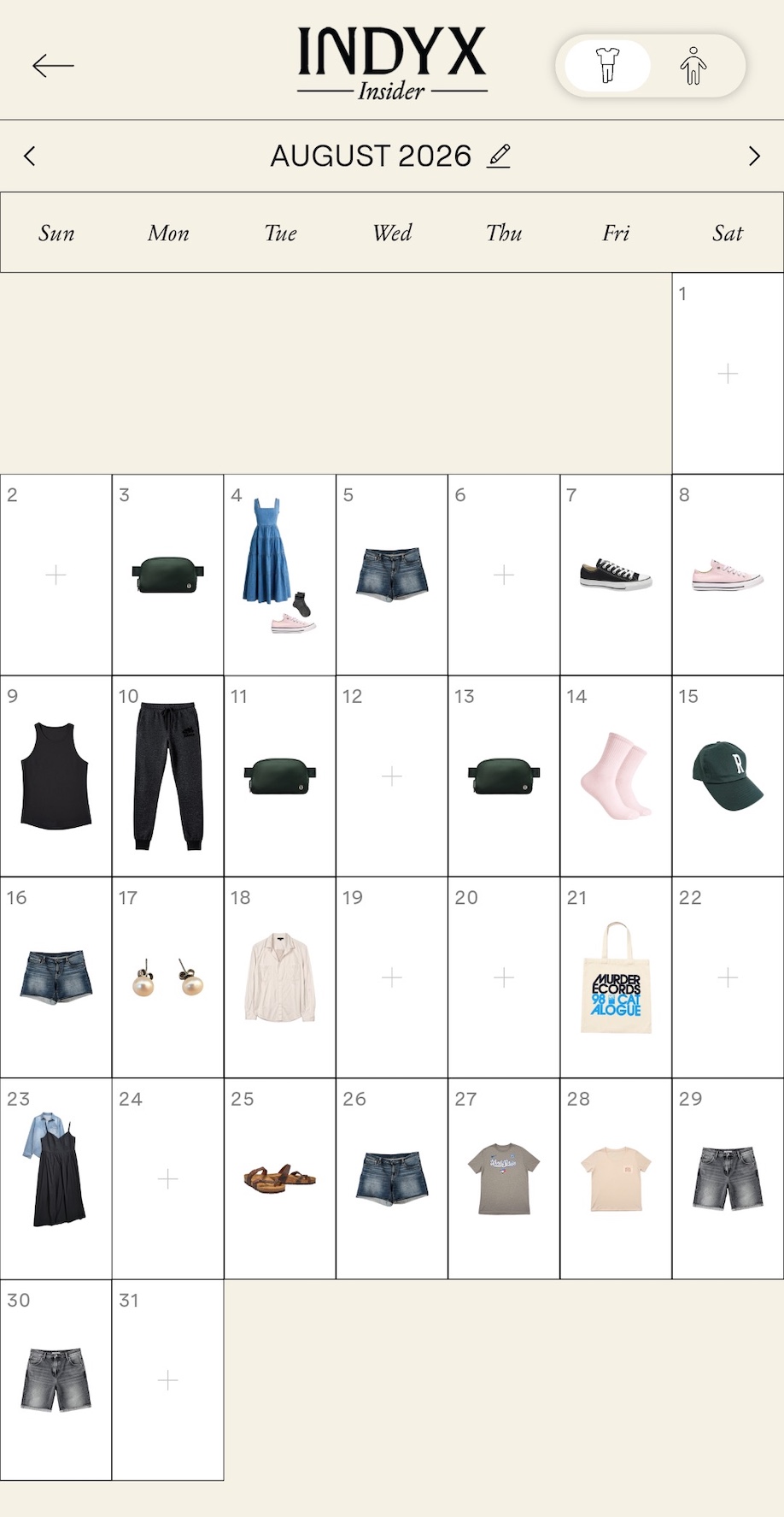 A screenshot of the Indyx wardrobe tracking app, showing the month of August in a calendar view. Most days have a single item of clothing shown, like a pair of socks or a purse. A screenshot of the Indyx wardrobe tracking app, showing the month of August in a calendar view. Most days have a single item of clothing shown, like a pair of socks or a purse.