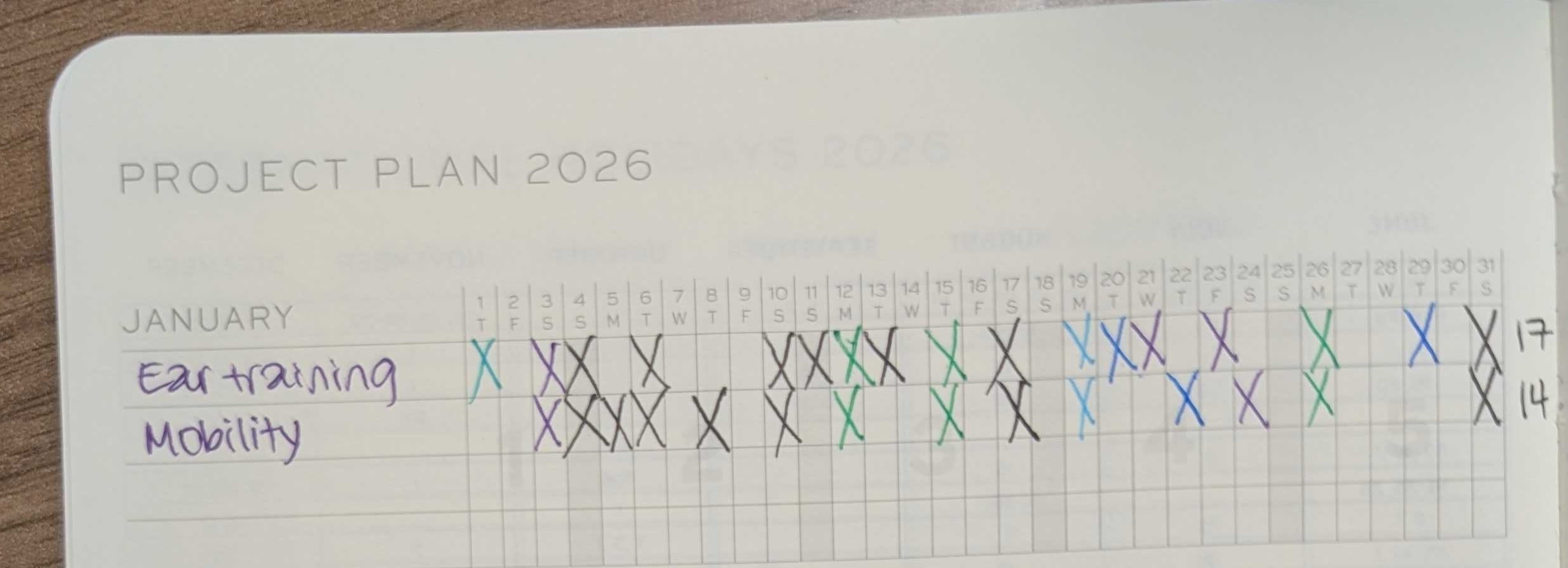 Notebook with some days crossed off in January for ear training and mobility