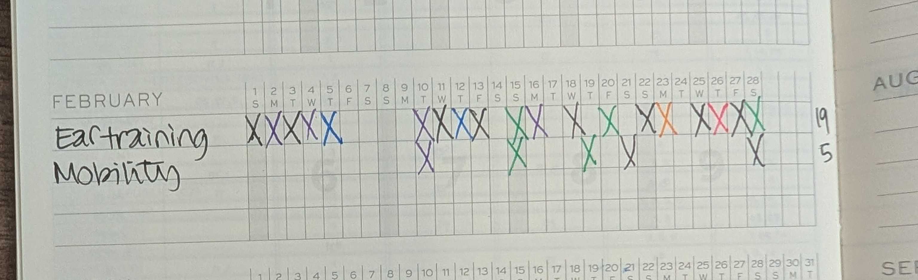 Notebook with some days crossed off in February for ear training and mobility - lots for ear training and very few for mobility